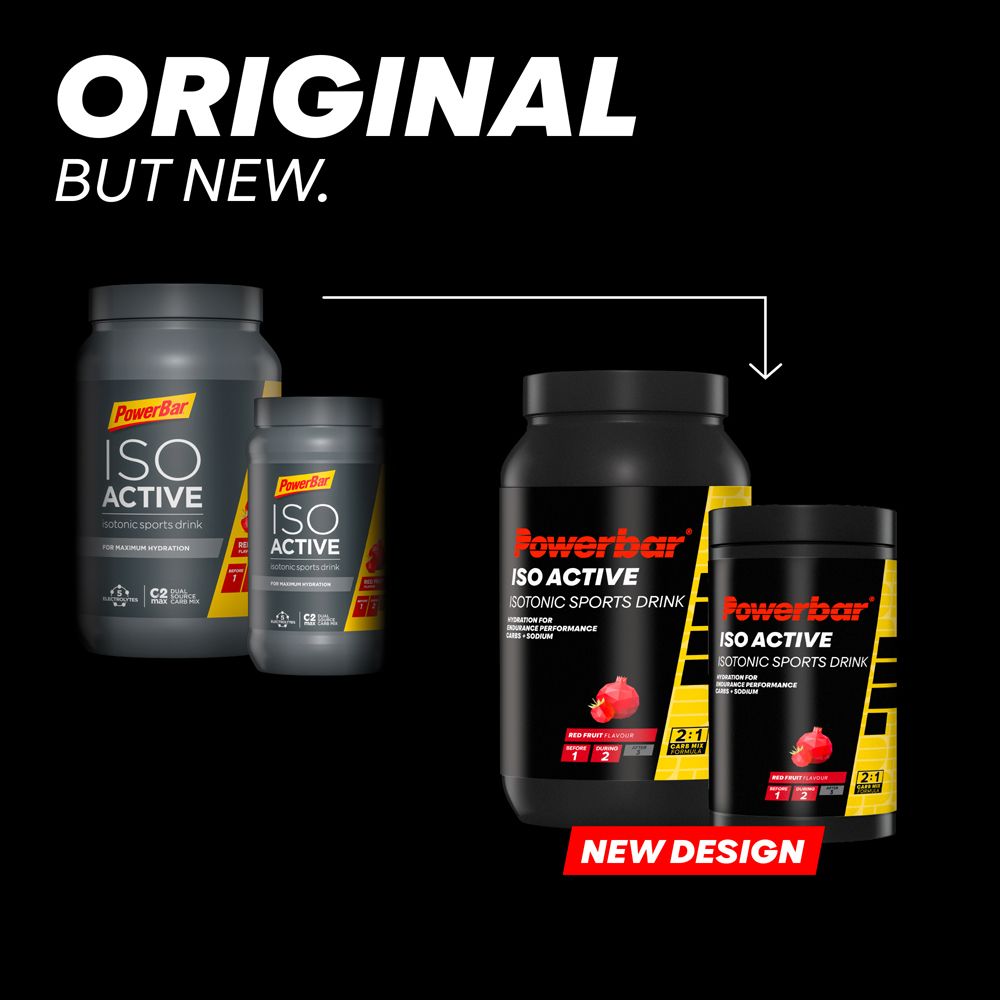 Confronto dei barattoli PowerBar Isoactive. Sinistra: design precedente. Destra: nuovo design. Sfondo nero con accenti gialli.