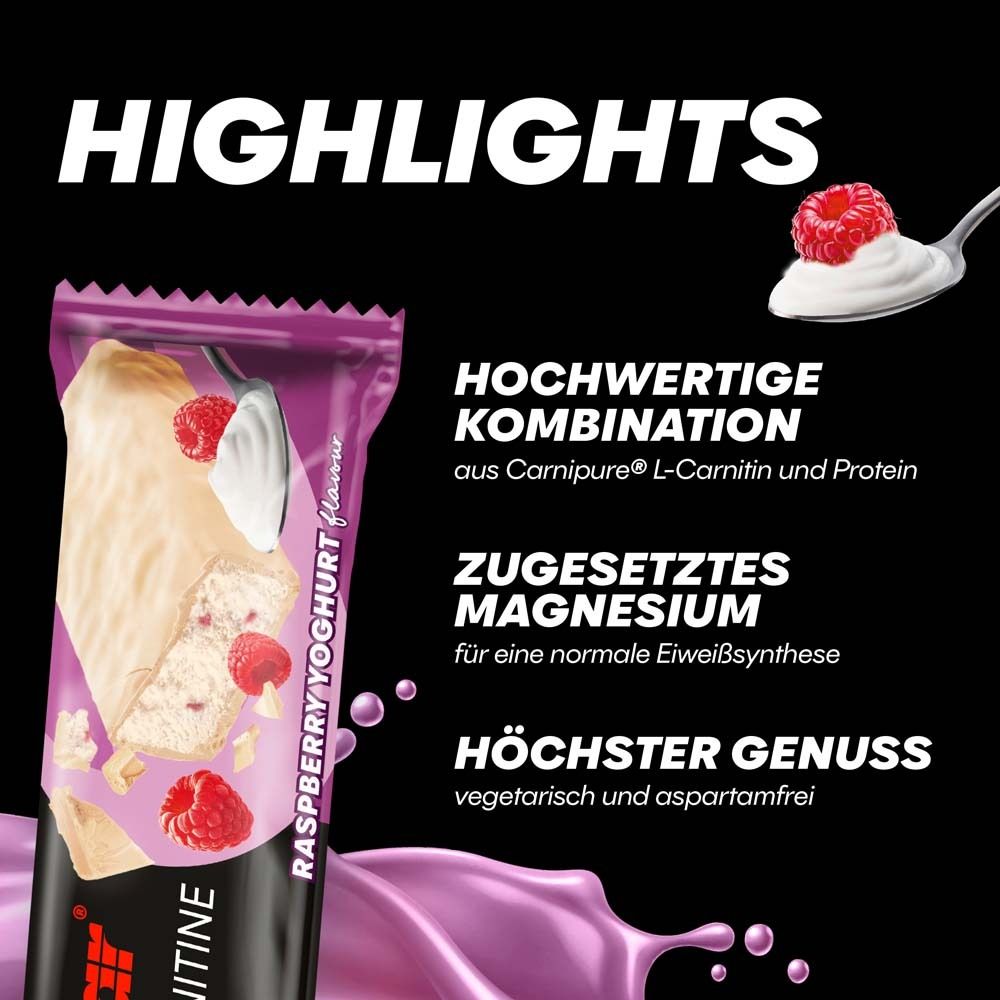 Dettaglio di confezione Powerbar Protein Plus L-Carnitina. Gusto yogurt lampone. Testo: Combinazione di qualità, magnesio, piacere.
