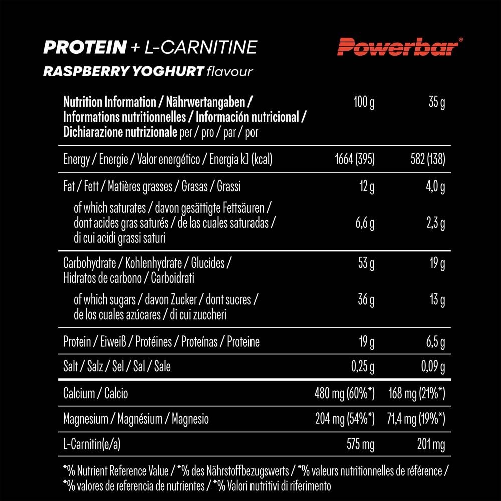 Tabella nutrizionale per barretta Powerbar Protein Plus L-Carnitina. Informazioni su energia, grassi, carboidrati, proteine, sale, calcio, magnesio, L-carnitina.