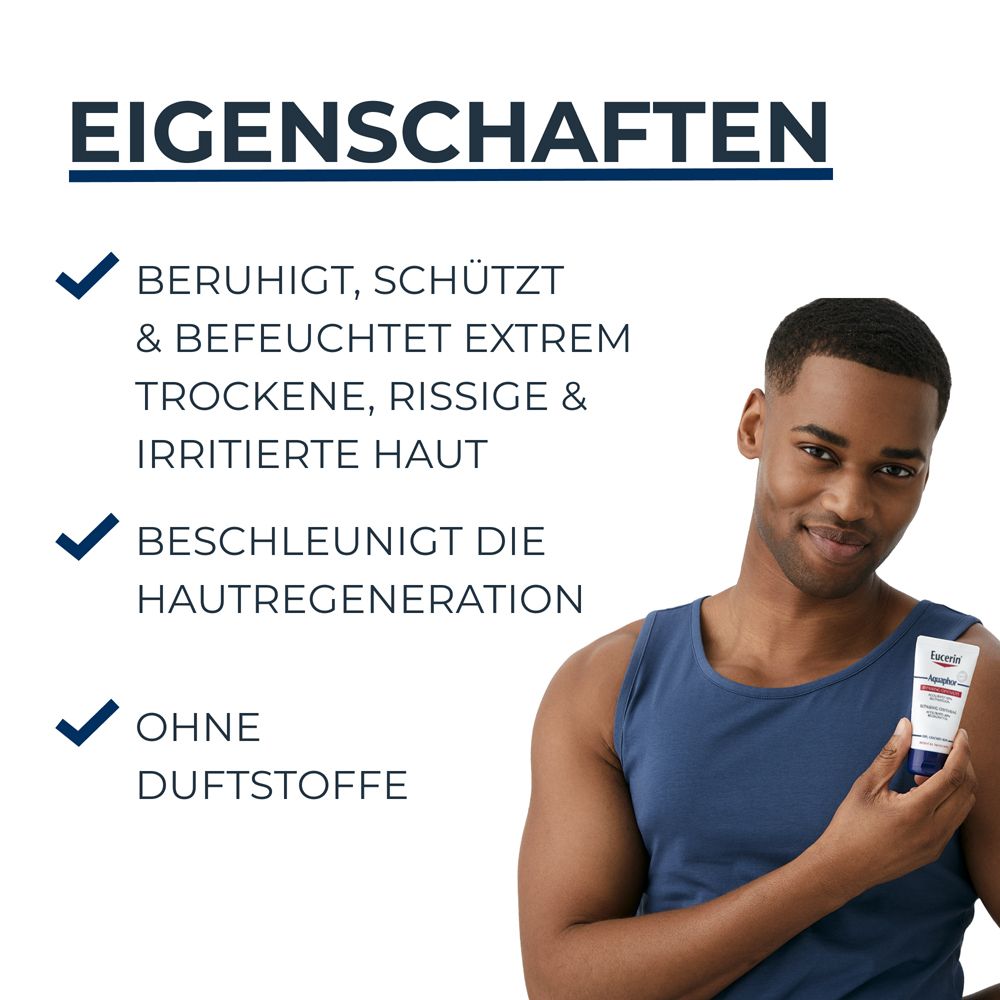 Uomo che tiene un tubo di unguento Eucerin Aquaphor, proprietà elencate.