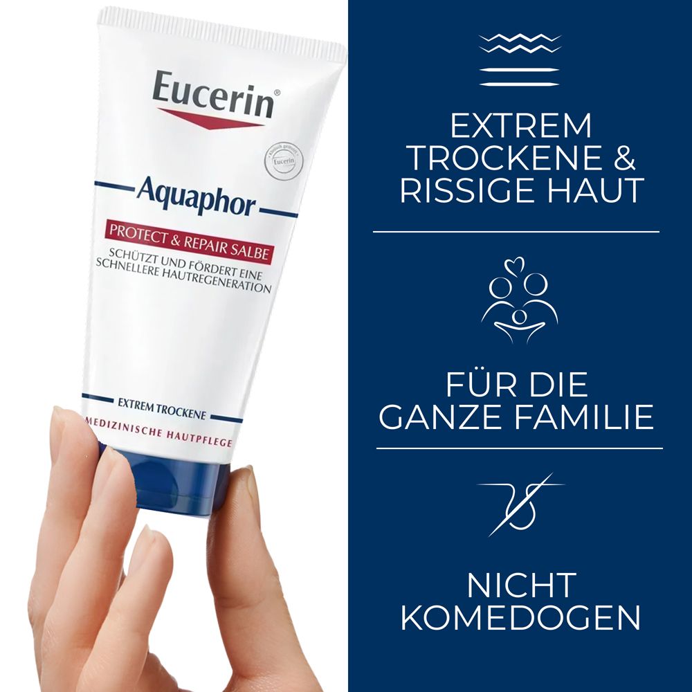 Mano che tiene un tubo di unguento Eucerin Aquaphor, icone che mostrano le aree di applicazione.