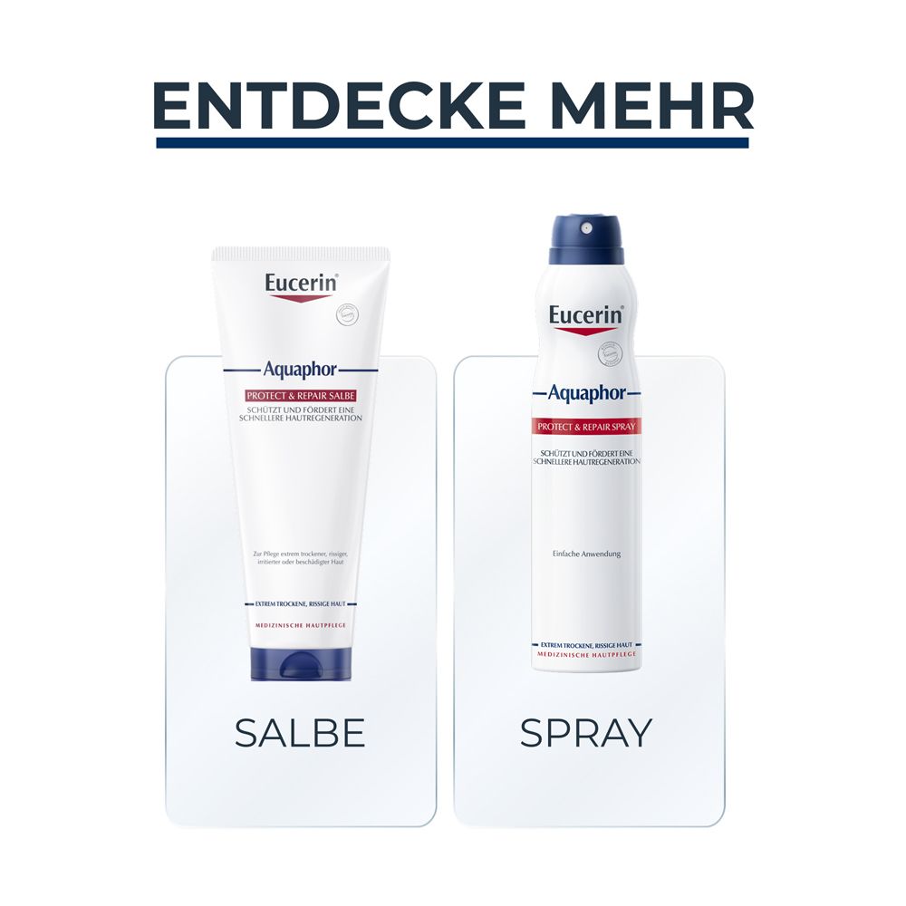 Tubo e spray di unguento Eucerin Aquaphor uno accanto all'altro.