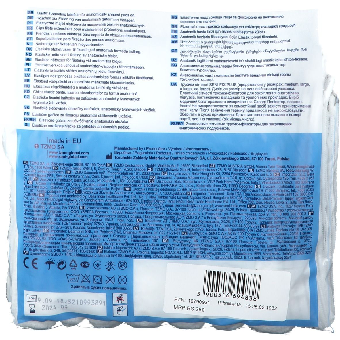 Retro della confezione SENI Fix Plus Gr. L. Testo multilingue. Informazioni del produttore e simboli di lavaggio.