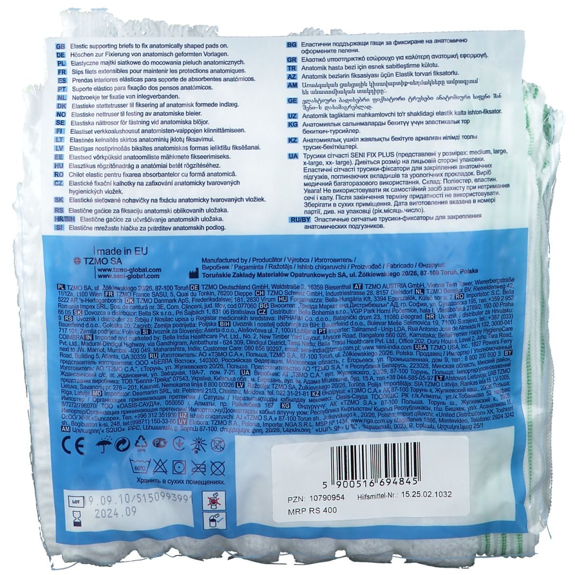 Retro della confezione SENI Fix Plus Gr. XL. Testo multilingue. Marchio CE.