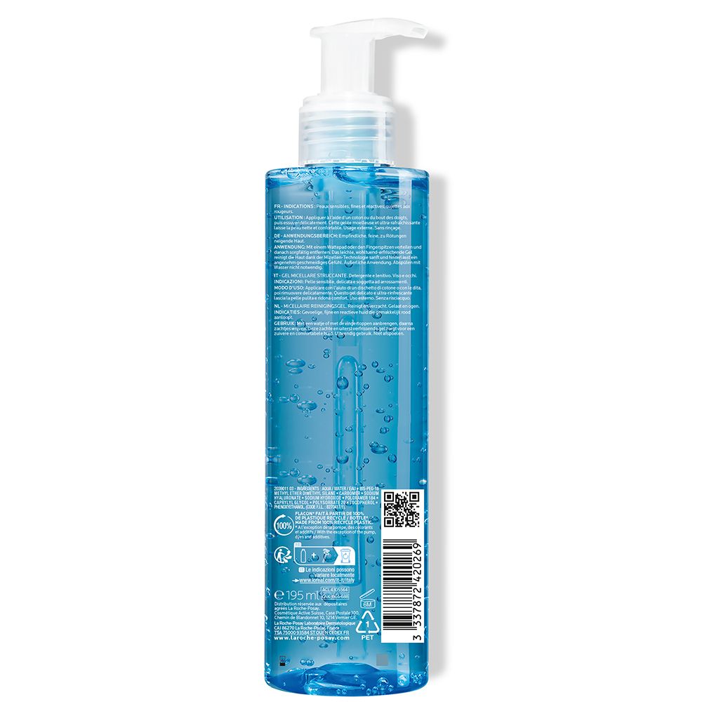 Retro della bottiglia blu. Testo e codice QR. Etichetta: La Roche-Posay Toleriane Rosaliac.