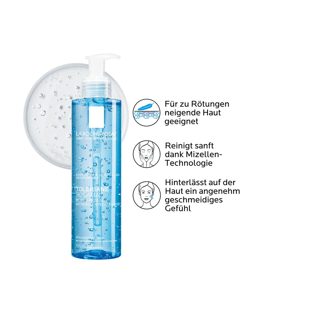 Gel detergente blu. Testo: Adatto alle pelli soggette ad arrossamenti. Deterge delicatamente grazie alla tecnologia micellare.