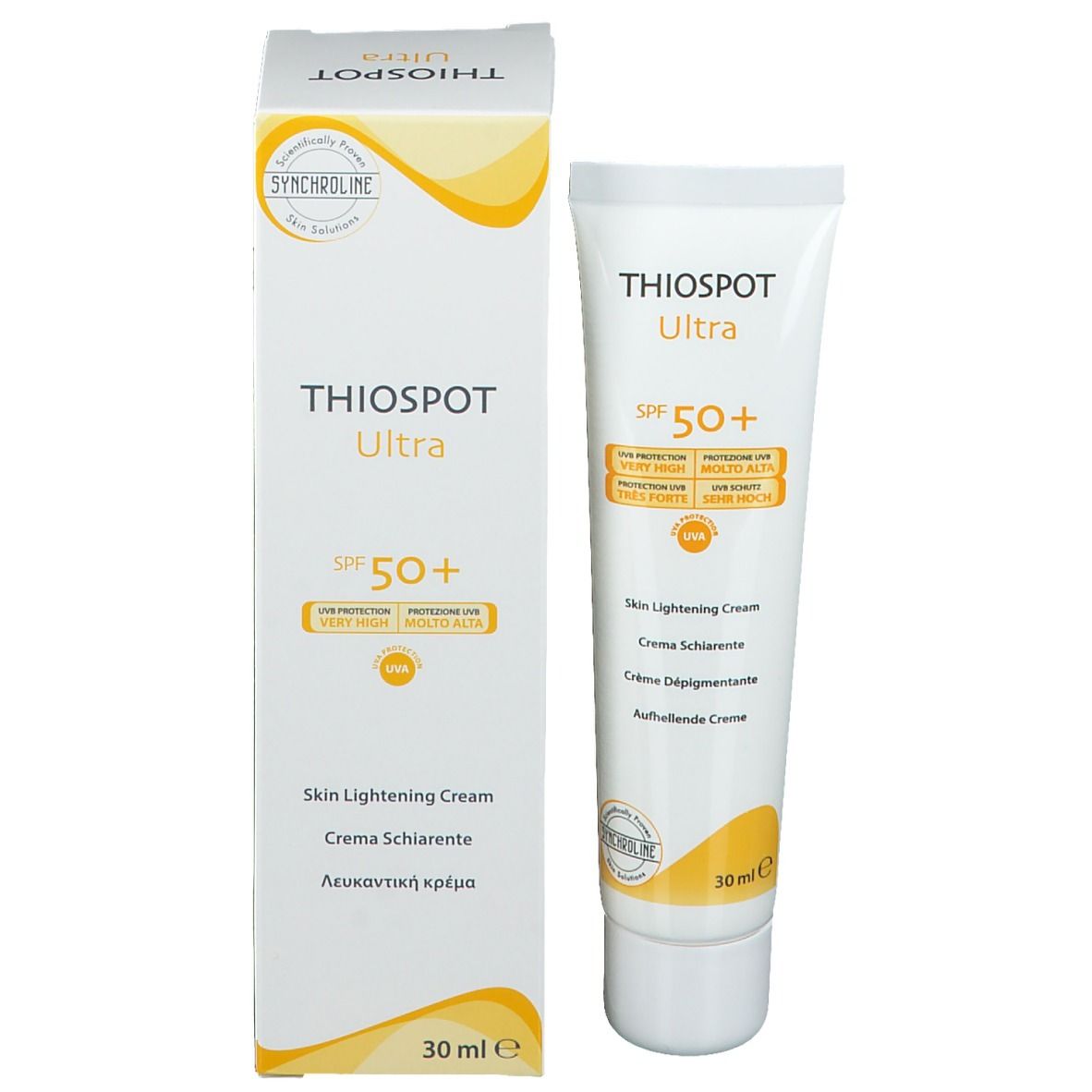 Confezione con tubo e scatola. Thiospot Ultra, SPF 50+. Skin Lightening Cream. 30ml.