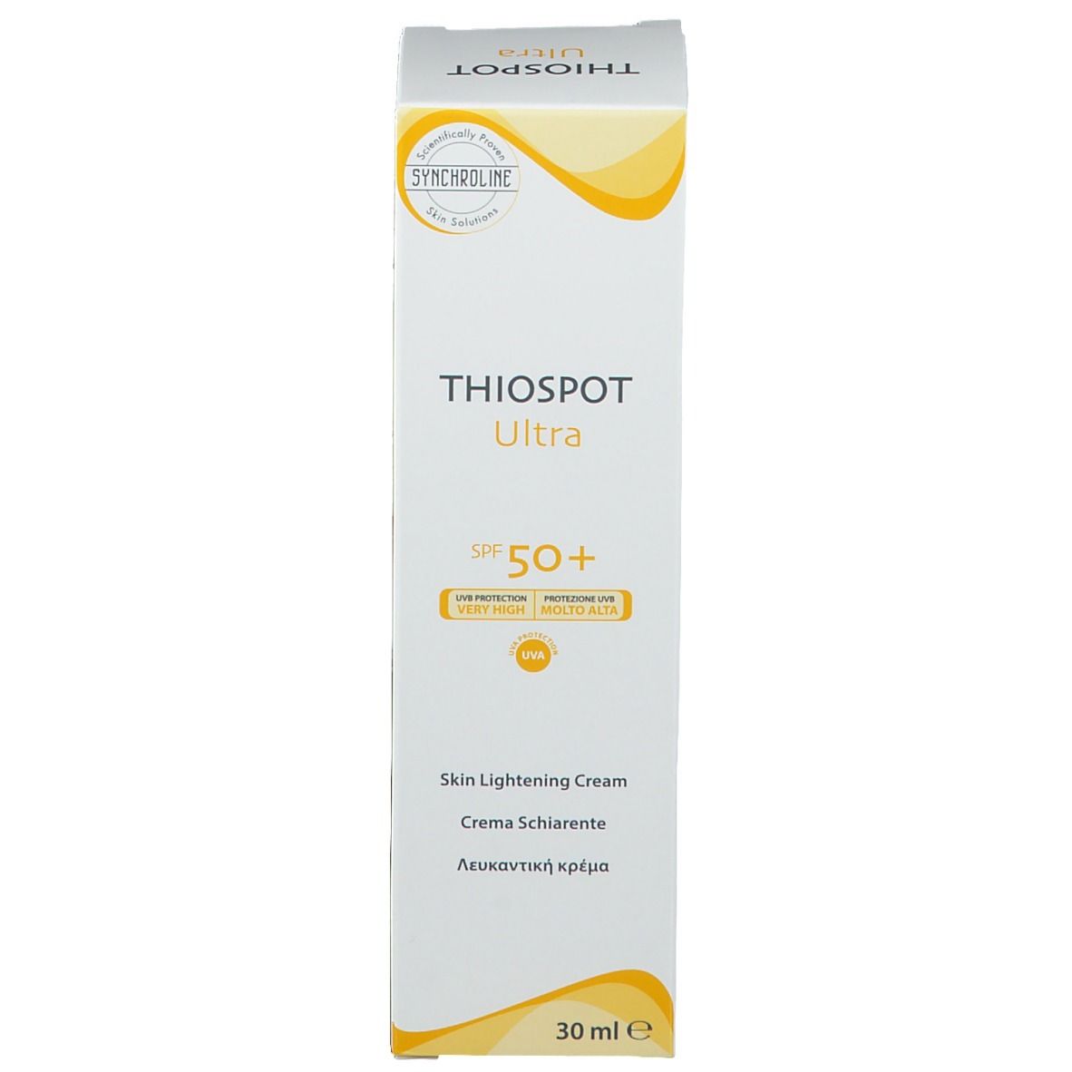 Scatola bianca con Thiospot Ultra, SPF 50+ e Skin Lightening Cream. 30ml.