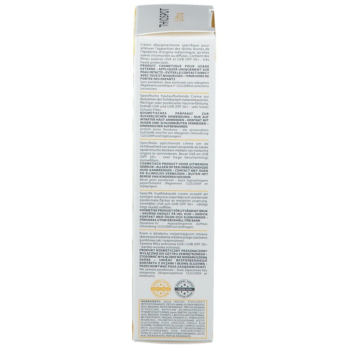 Lato di una scatola bianca. Testo multilingue. Certificazioni.