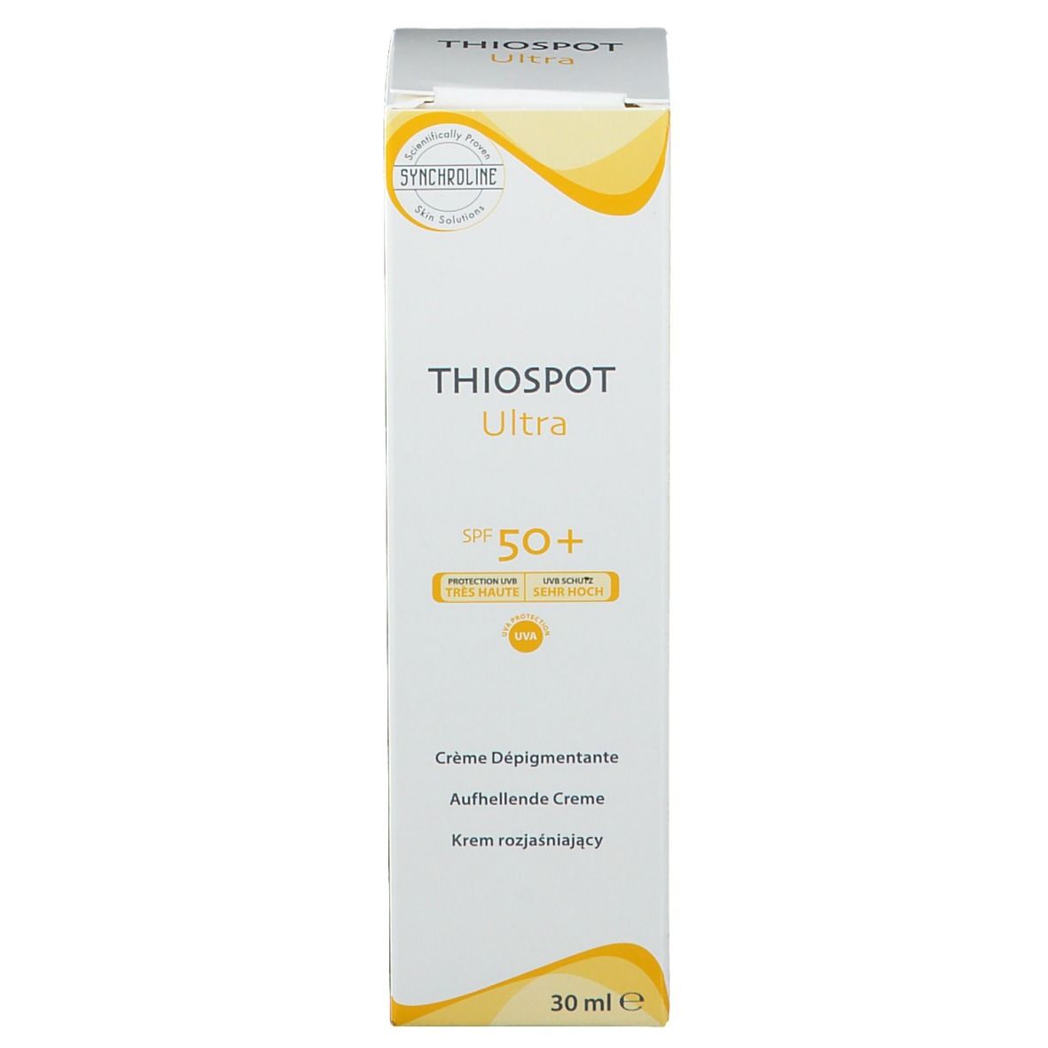 Scatola bianca con Thiospot Ultra, SPF 50+ e Skin Lightening Cream. 30ml.