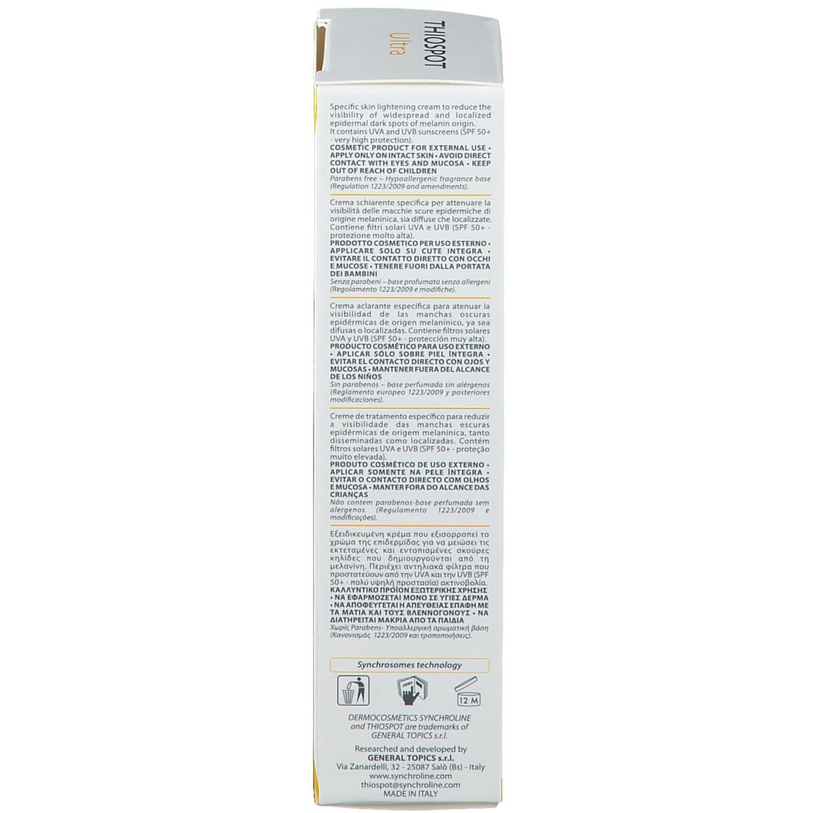 Lato di una scatola bianca. Testo multilingue. Prodotto in Italia.
