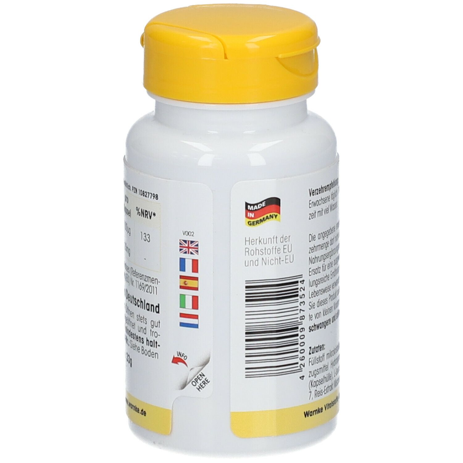 Retro del flacone bianco con tappo giallo. Testo: Origine materie prime, UE e non UE. Bandiere dei paesi UE.