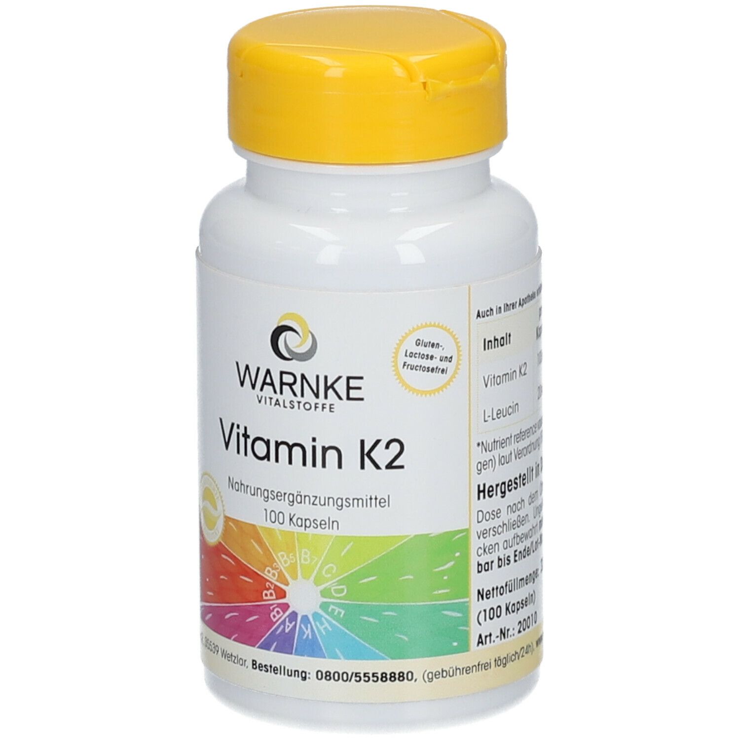 Flacone bianco con tappo giallo. Scritta: WARNKE, Vitamina K2, integratore alimentare, 100 capsule. Testo: Senza glutine, lattosio e fruttosio.