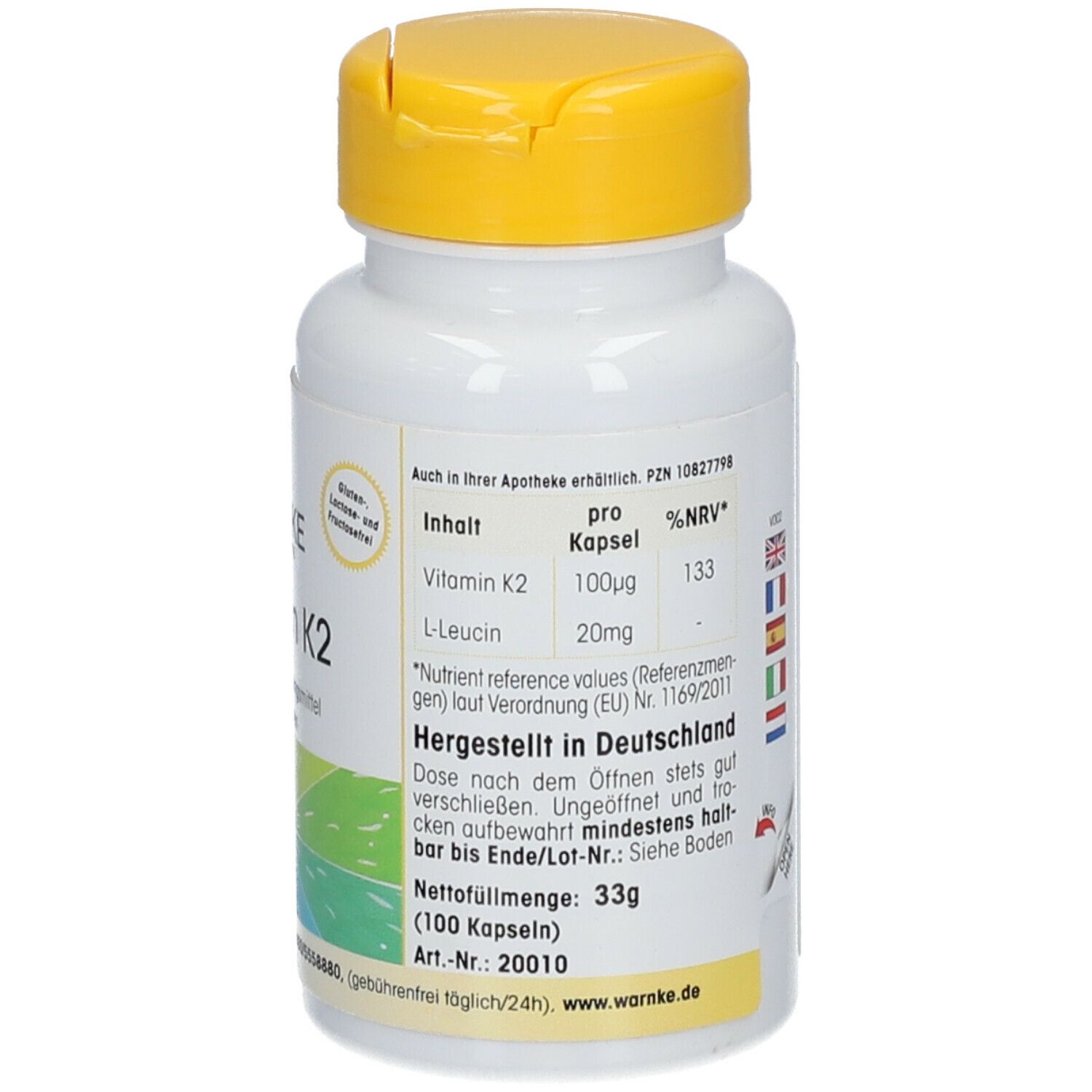 Flacone bianco con tappo giallo. Scritta: WARNKE, Vitamina K2, 100 capsule. Testo: Ingredienti, valori nutrizionali, prodotto in Germania.