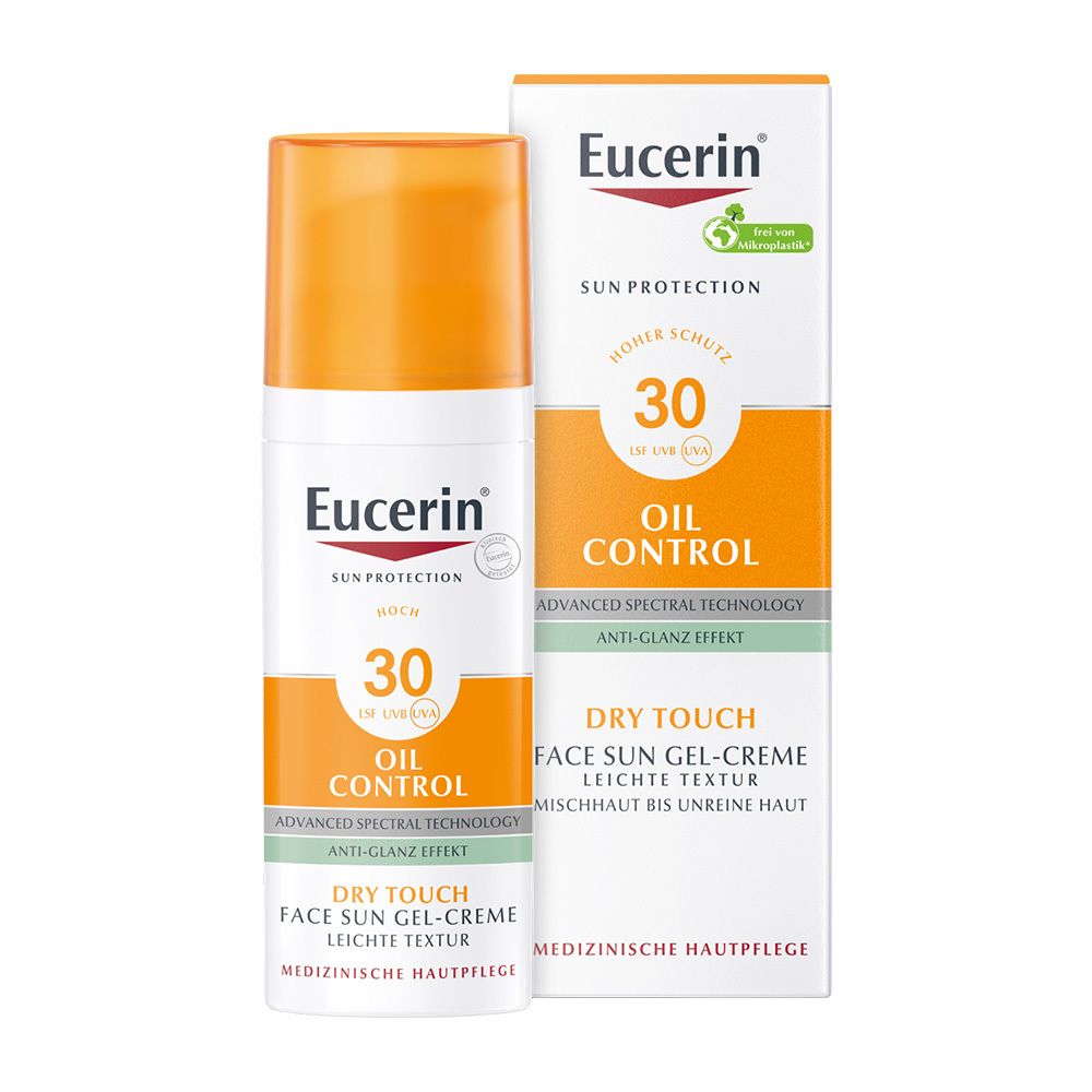 Eucerin Oil Control SPF 30. Flacone e scatola bianchi. Protezione solare viso.