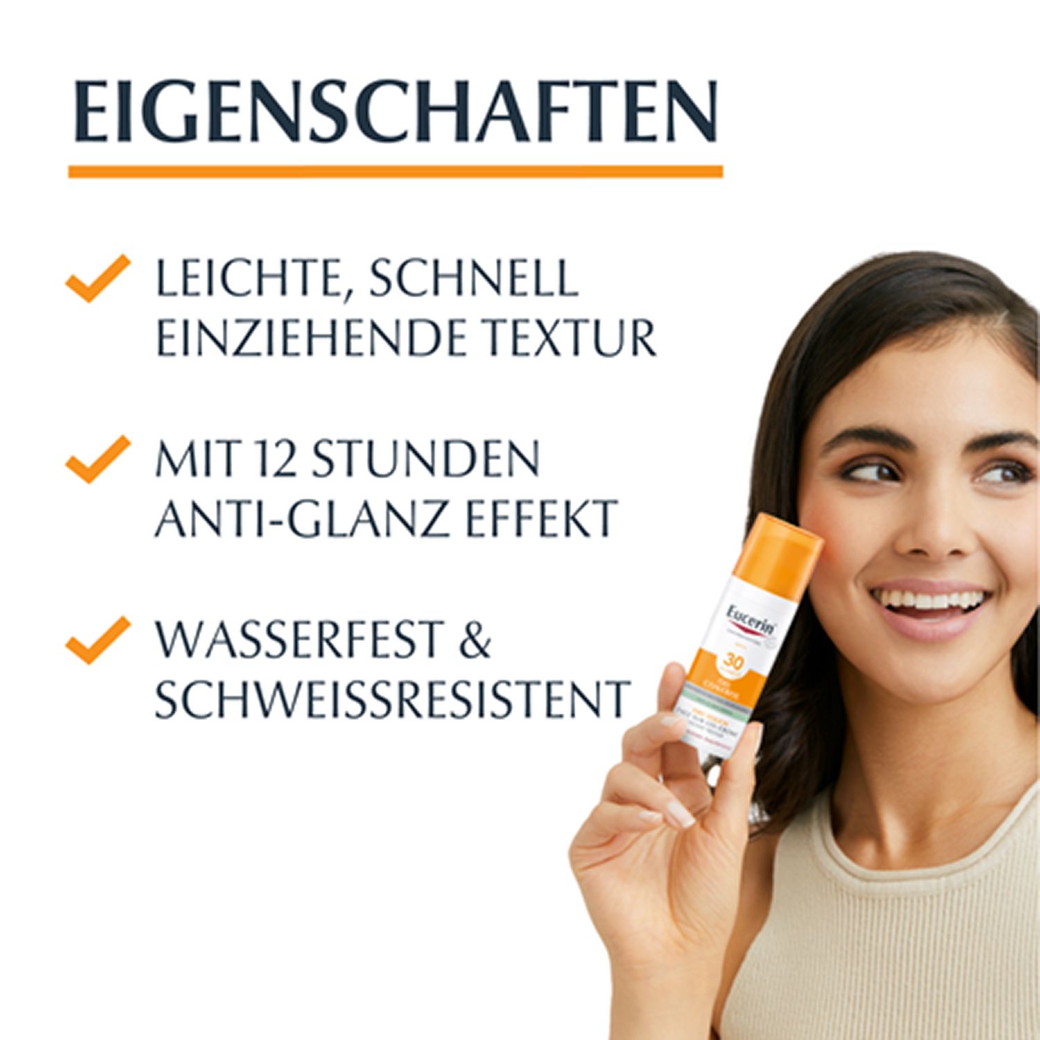Donna con Eucerin Oil Control. Testo: Texture leggera, 12h anti-lucido, resistente all'acqua.