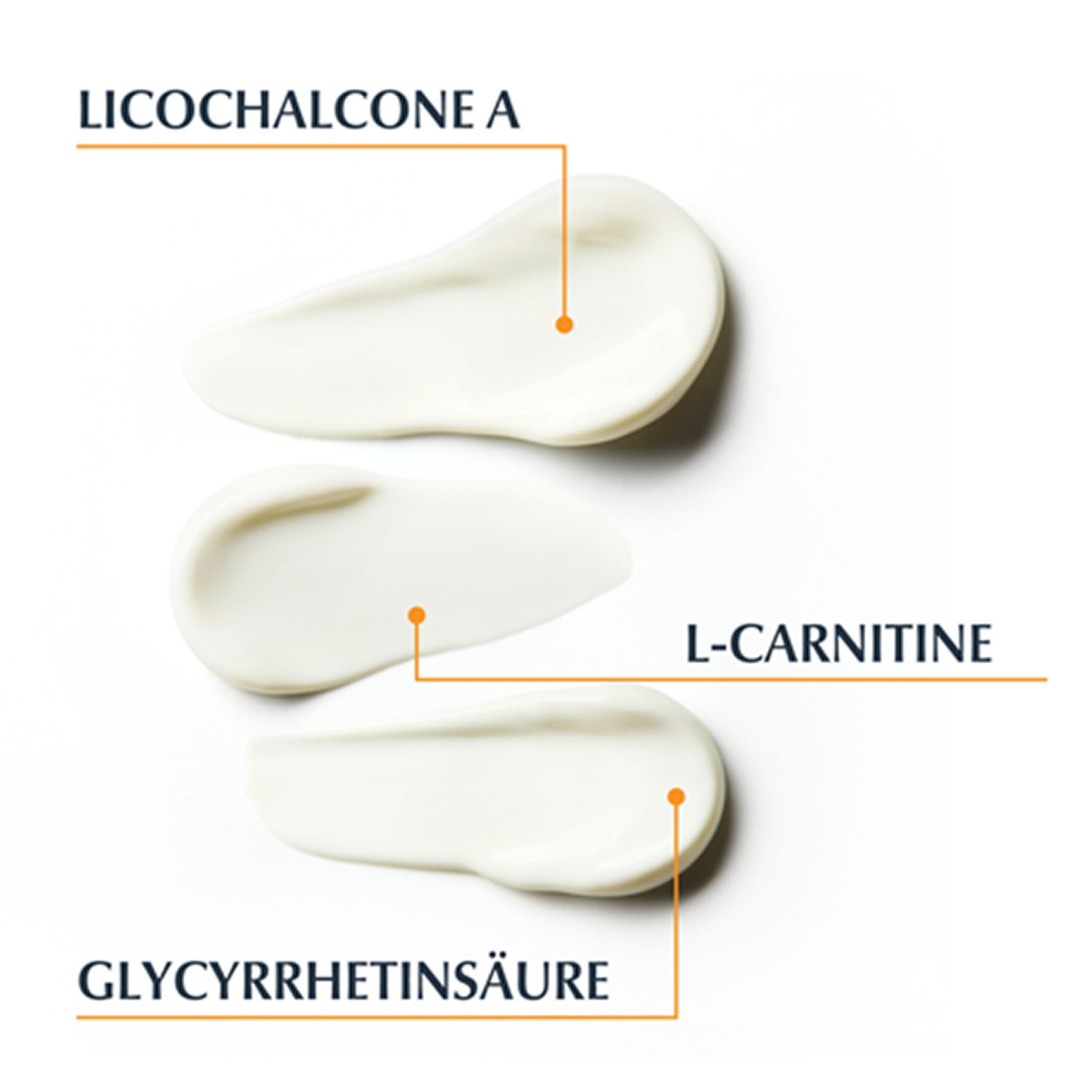 Tre strisce cremose: Licochalcone A, L-Carnitina, Acido glicirretinico. Texture bianca.