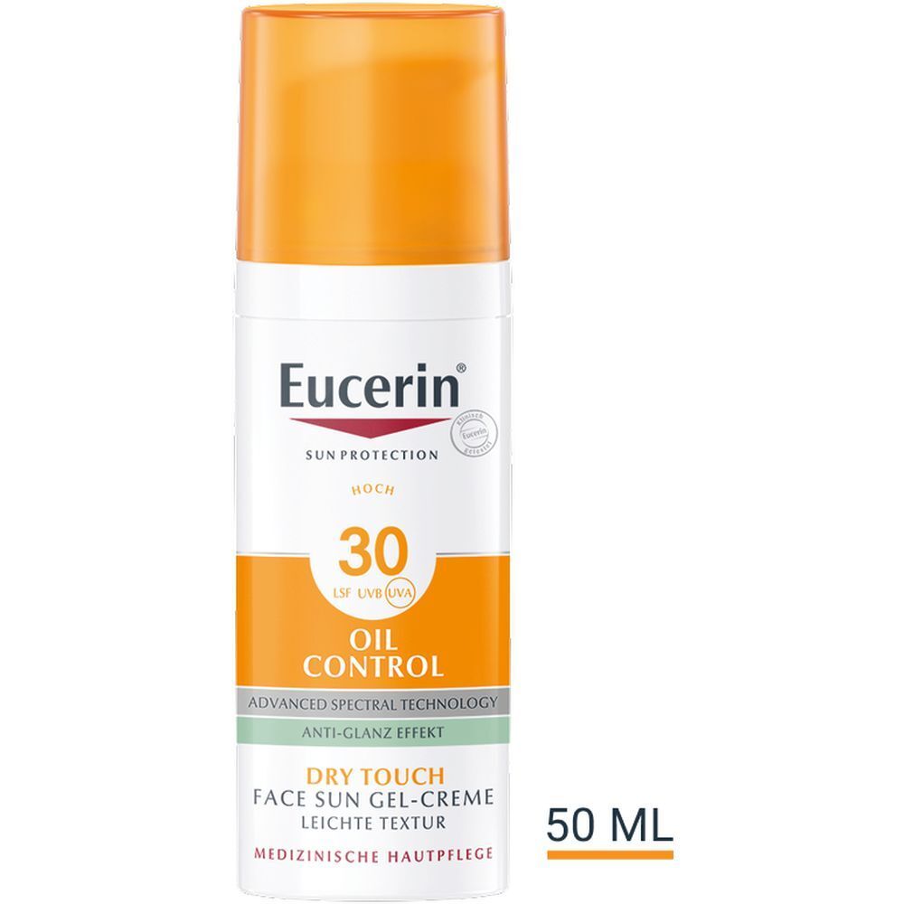 Eucerin Oil Control SPF 30. Flacone bianco con tappo arancione. 50 ml.