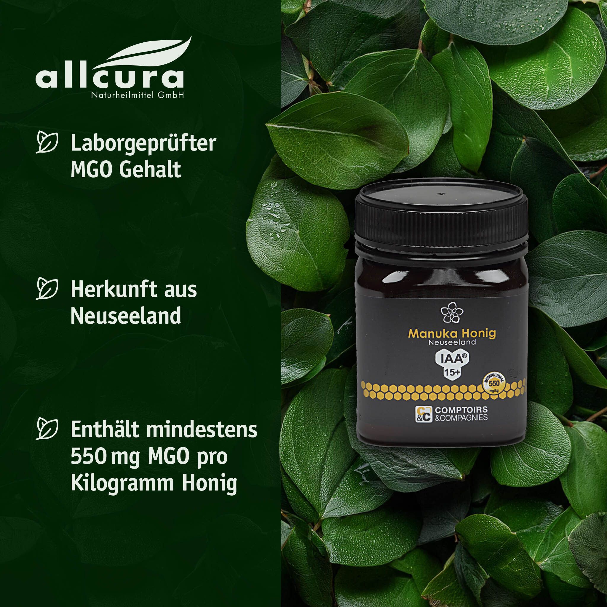 Barattolo di miele di Manuka vicino a foglie verdi. A sinistra: "allcura", "Contenuto MGO testato in laboratorio", "Origine Nuova Zelanda", "Contiene almeno 550 mg MGO".