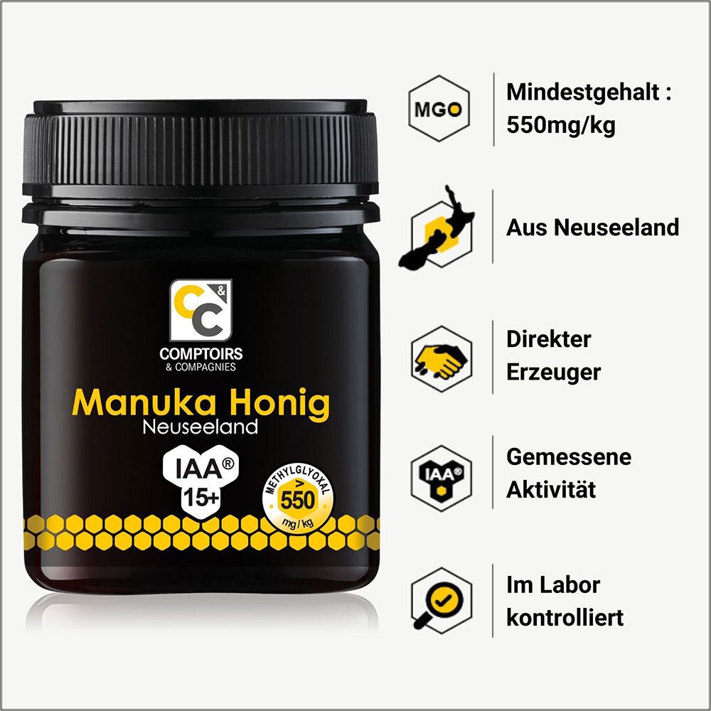 Barattolo di miele di Manuka con icone e testo: "Contenuto minimo: 550mg/kg", "Dalla Nuova Zelanda", "Produttore diretto", "Attività misurata", "Controllato in laboratorio".