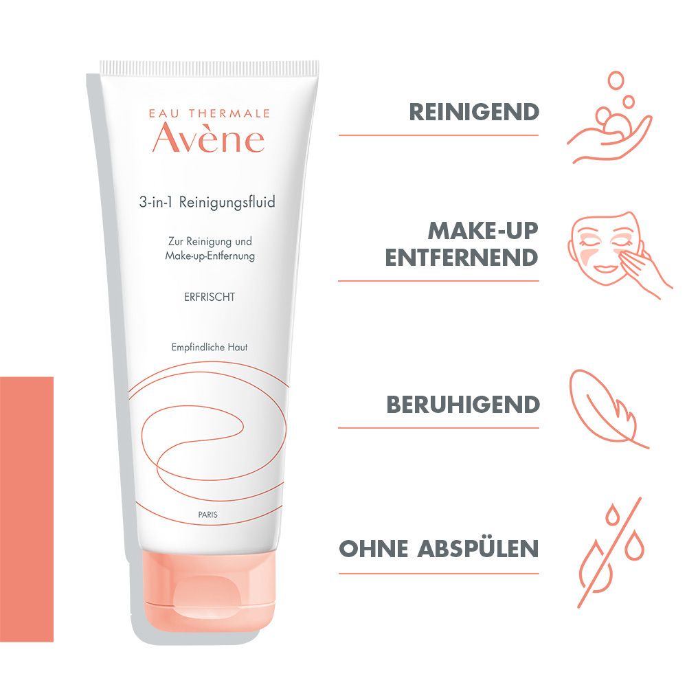 Tubo Avene 3-in-1 Fluido Detergente con etichettatura: Detergente, Struccante, Lenitivo, Senza risciacquo.