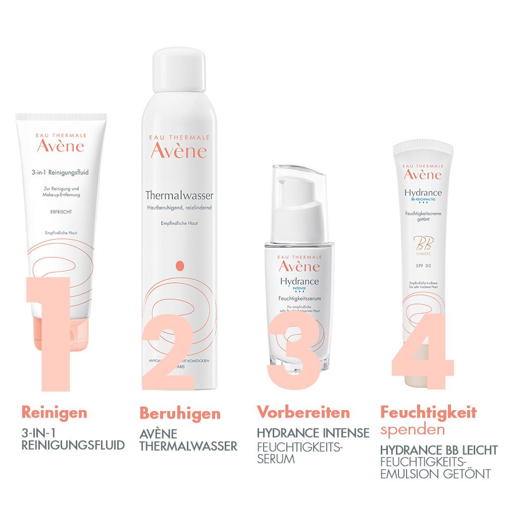 Avène Fluido detergente 3 in 1 in tubo bianco con accenti rosa.