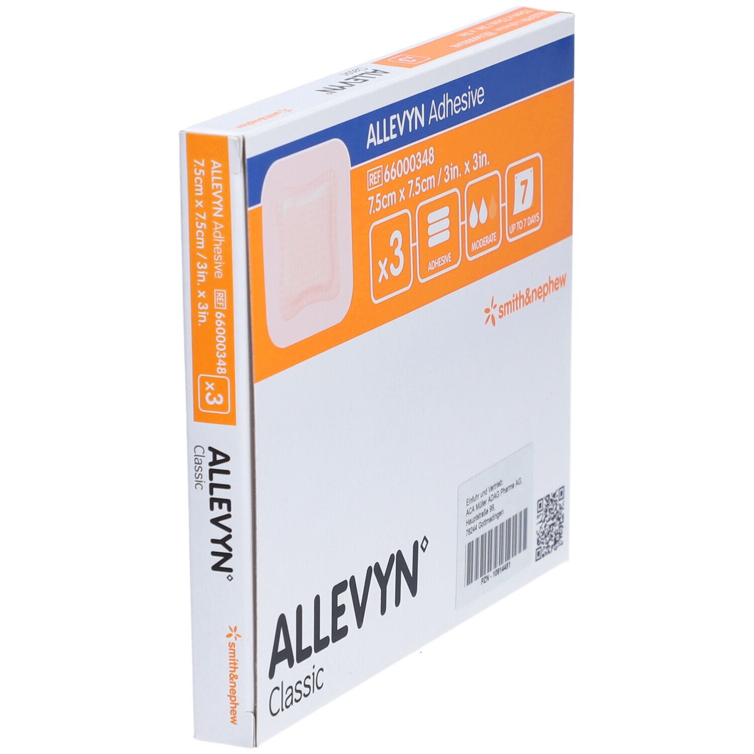 Confezione di medicazione adesiva ALLEVYN Classic, 7,5cm x 7,5cm, 3 pezzi.