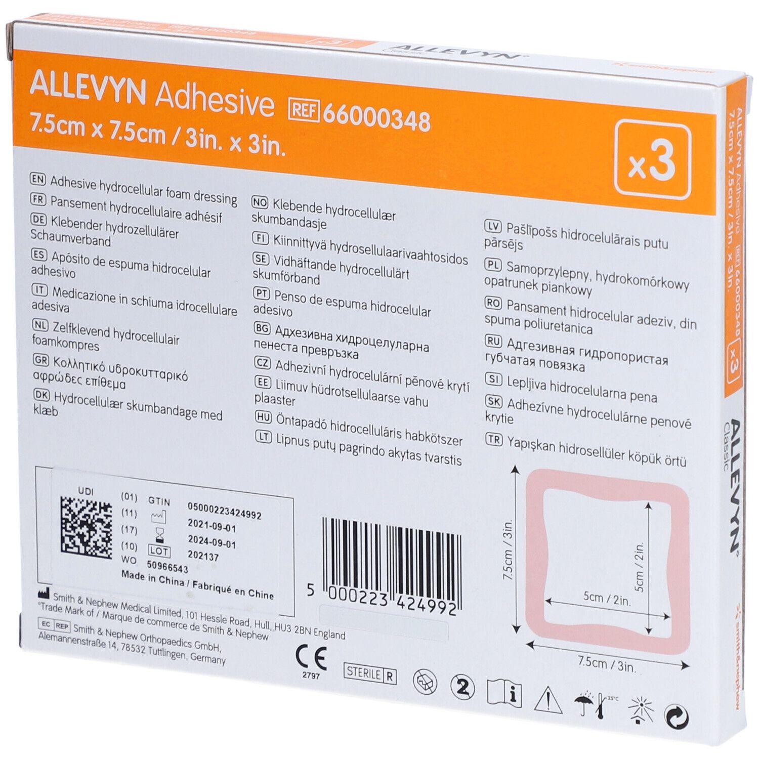 Retro della confezione ALLEVYN Adhesive. Contiene informazioni multilingue. Mostra una rappresentazione schematica della medicazione.