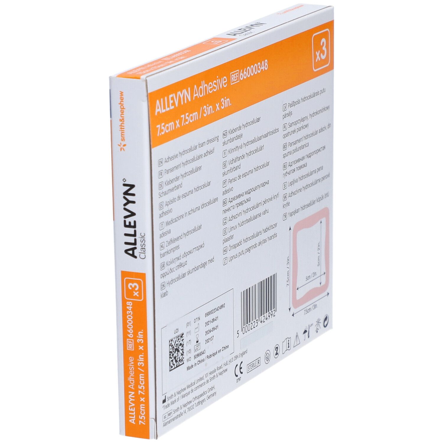 Vista laterale della confezione ALLEVYN Adhesive. Contiene 3 medicazioni. Informazioni sul prodotto e marchio ALLEVYN Classic.