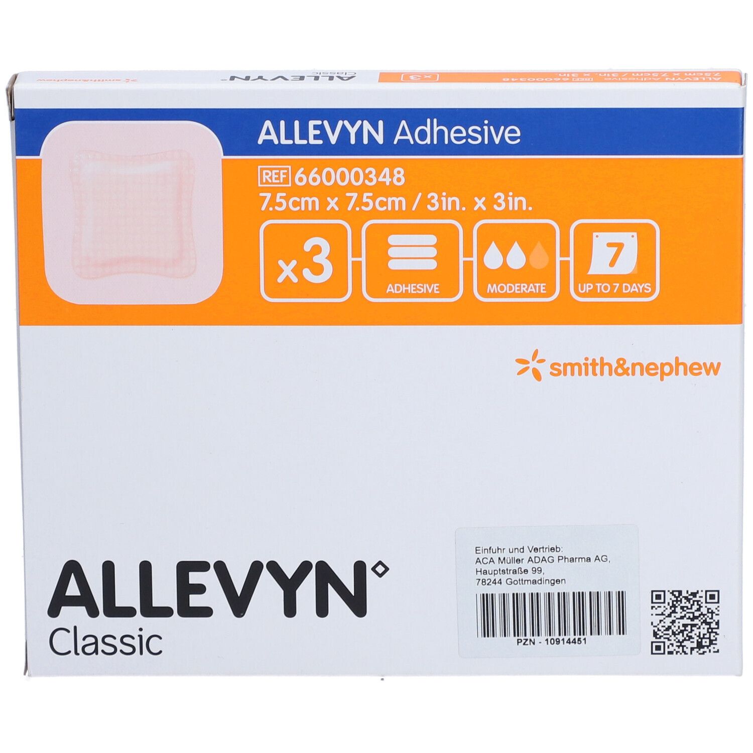 Vista frontale della confezione ALLEVYN Adhesive. Contiene 3 medicazioni 7,5 x 7,5 cm. Indicatori di adesione e umidità. Marca: Smith & Nephew.