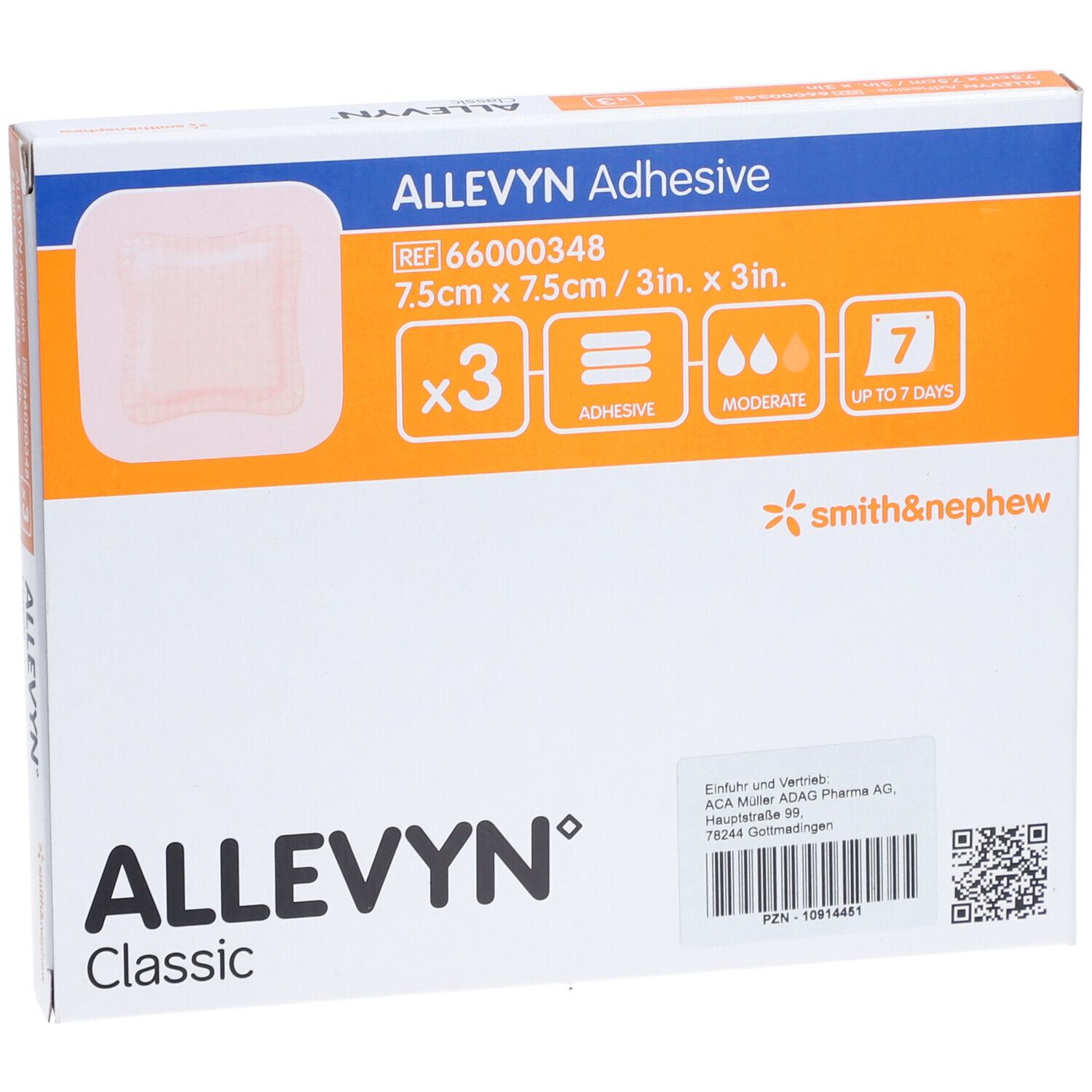 Vista frontale della confezione ALLEVYN Adhesive. Contiene 3 medicazioni 7,5 x 7,5 cm. Indicatori di adesione e umidità. Marca: Smith & Nephew.