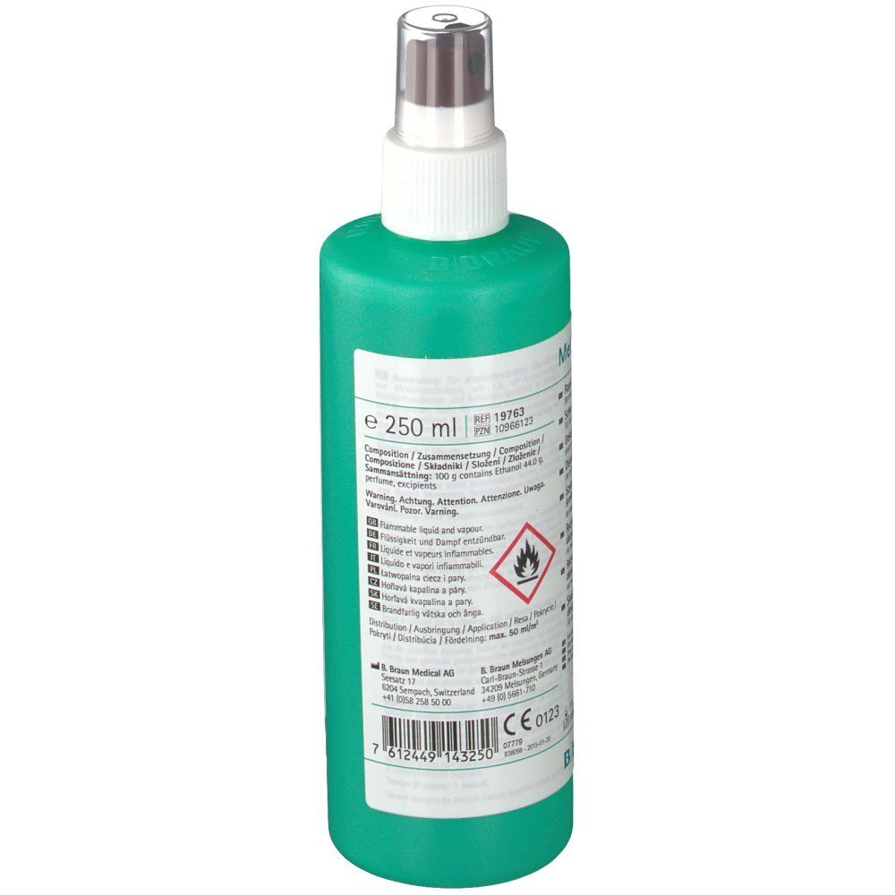 Flacone spray verde. Testo: e 250 ml. Avvertenza: liquido e vapori infiammabili. Marchio: B. Braun.