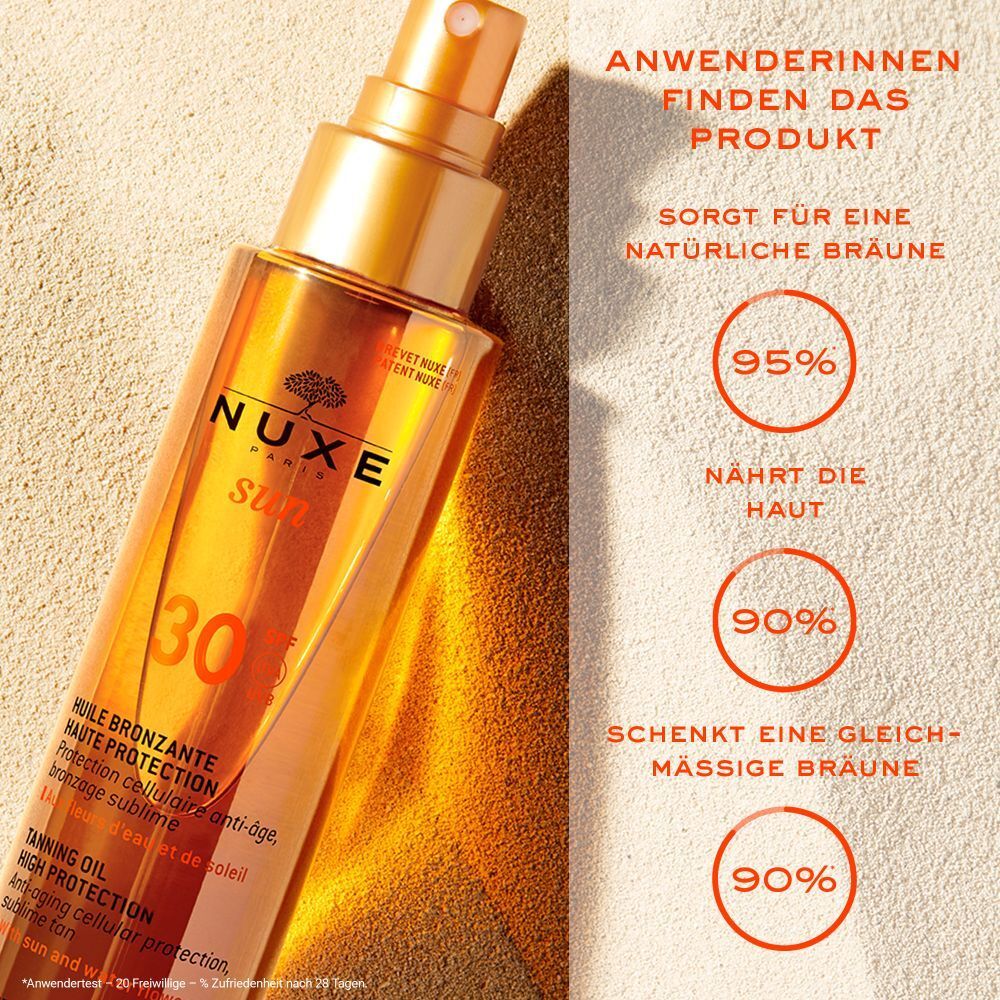 NUXE Sun Olio Abbronzante SPF 30, flacone spray. Erogatore dorato. Testo: SPF 30, Huile Bronzante. 95% nutre, 90% abbronzatura uniforme.