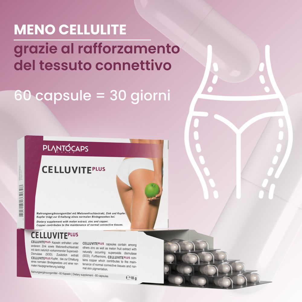 Confezione e blister di plantoCAPS® CELLUVITE® PLUS con donna e grafica cellulite.