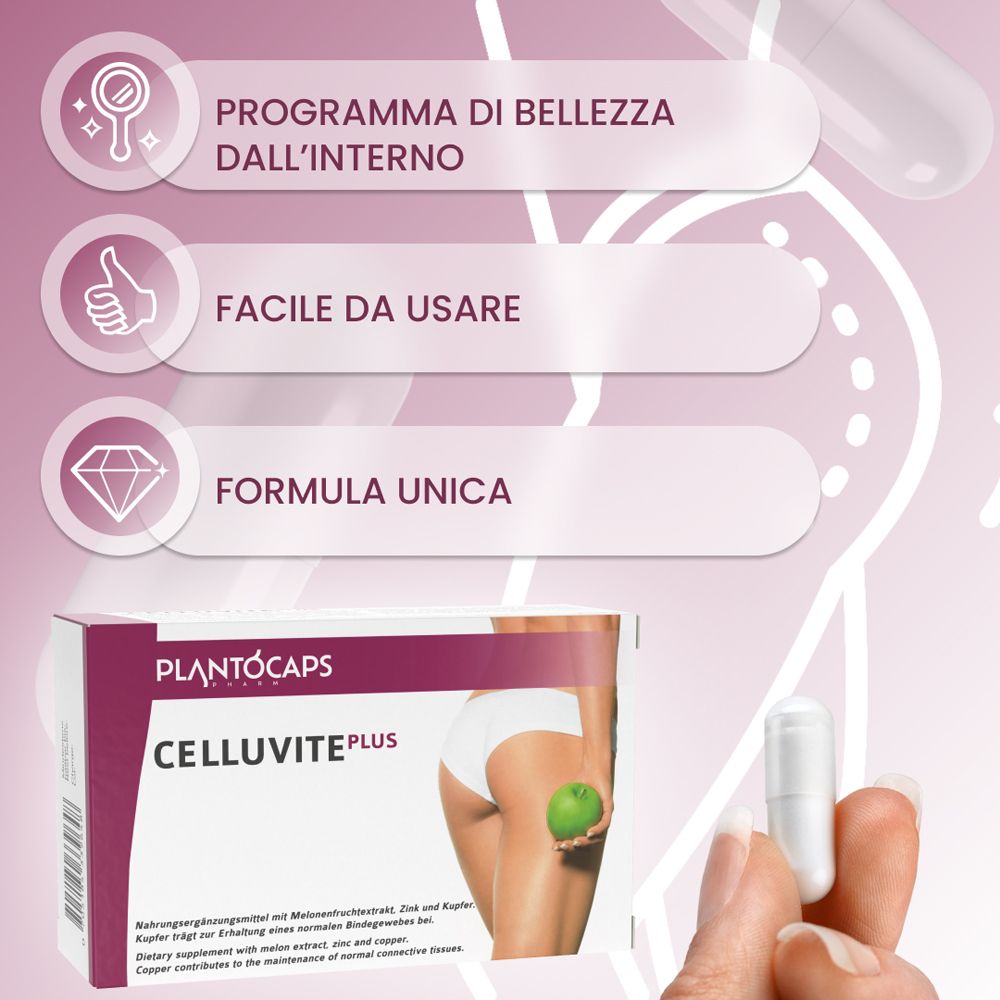 Confezione di plantoCAPS® CELLUVITE® PLUS con donna, mano e capsula, con icone.
