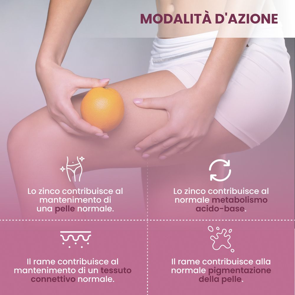 Donna con arancia e icone sull'effetto di plantoCAPS® CELLUVITE® PLUS.