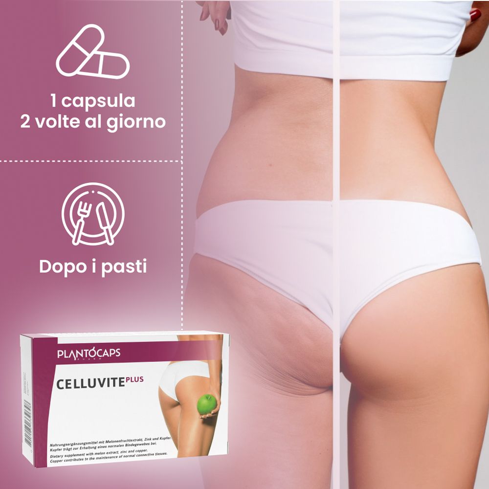 Confronto prima-dopo di parti del corpo e indicazione di assunzione di plantoCAPS® CELLUVITE® PLUS.