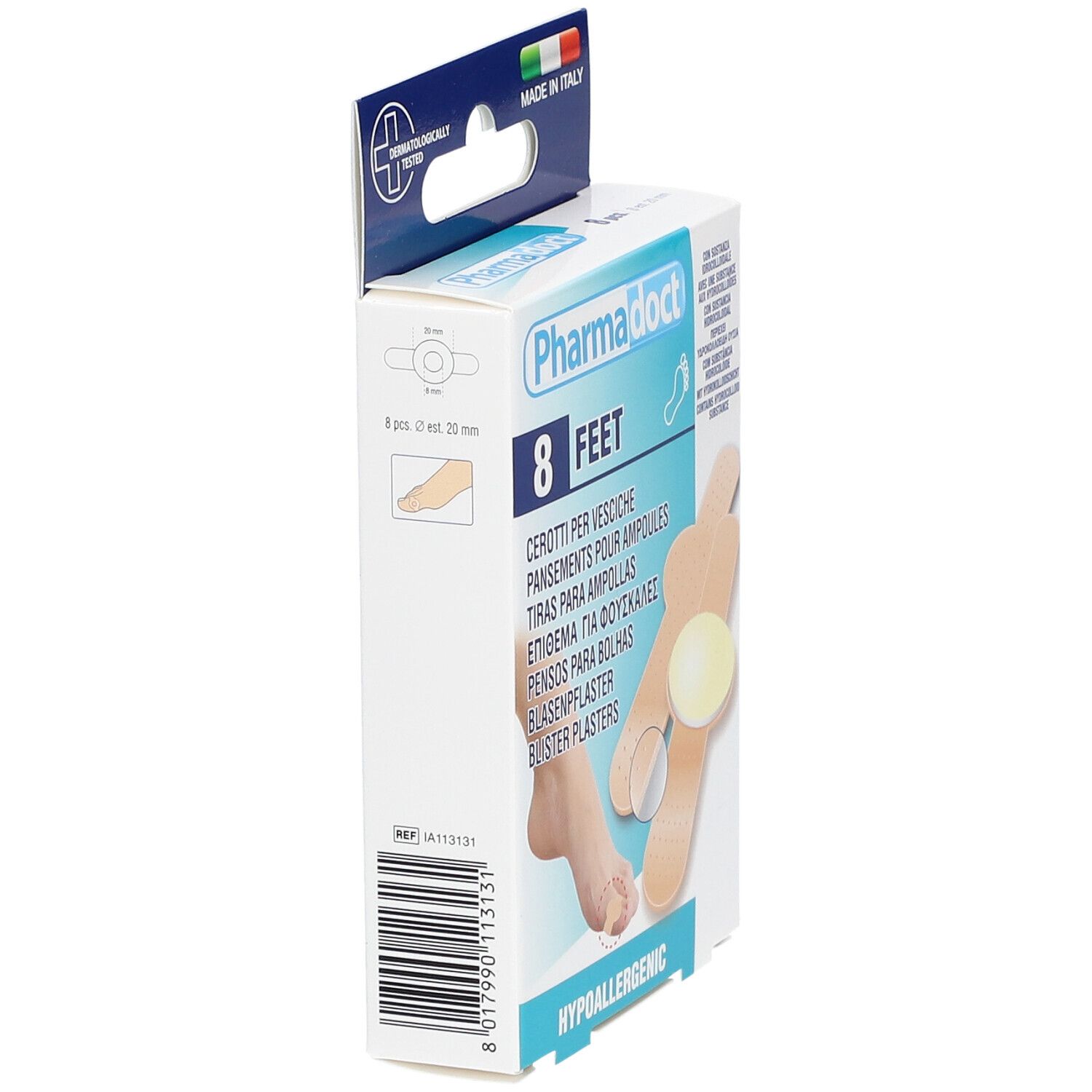 Confezione da 8 cerotti per vesciche. Contiene idrocolloide. Made in Italy. Codice a barre e informazioni sul prodotto.