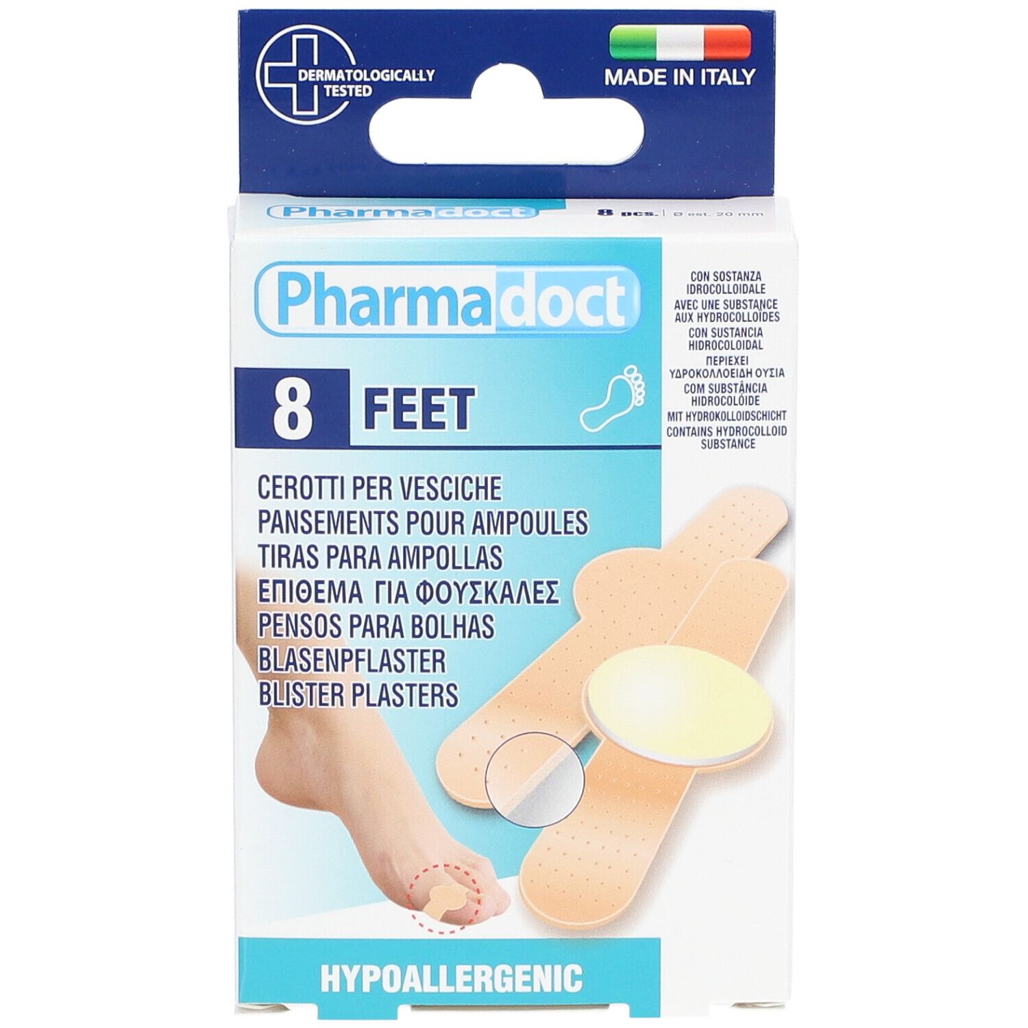 Confezione da 8 cerotti per vesciche. Contiene idrocolloide. Dermatologicamente testato, Made in Italy. Ipoallergenico.