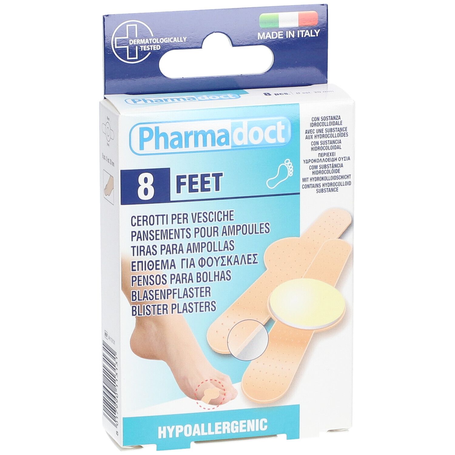 Confezione da 8 cerotti per vesciche. Contiene idrocolloide. Dermatologicamente testato, Made in Italy. Ipoallergenico.