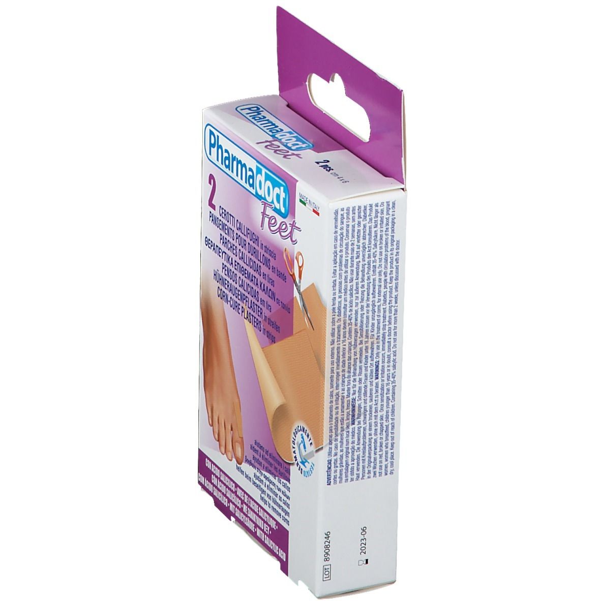 Vista laterale della confezione di cerotti Pharmadoct Feet. Testo e immagine del piede visibili.