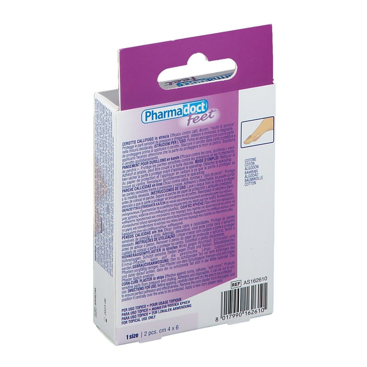 Retro della confezione di cerotti Pharmadoct Feet. Testo multilingue, indicazione delle dimensioni.