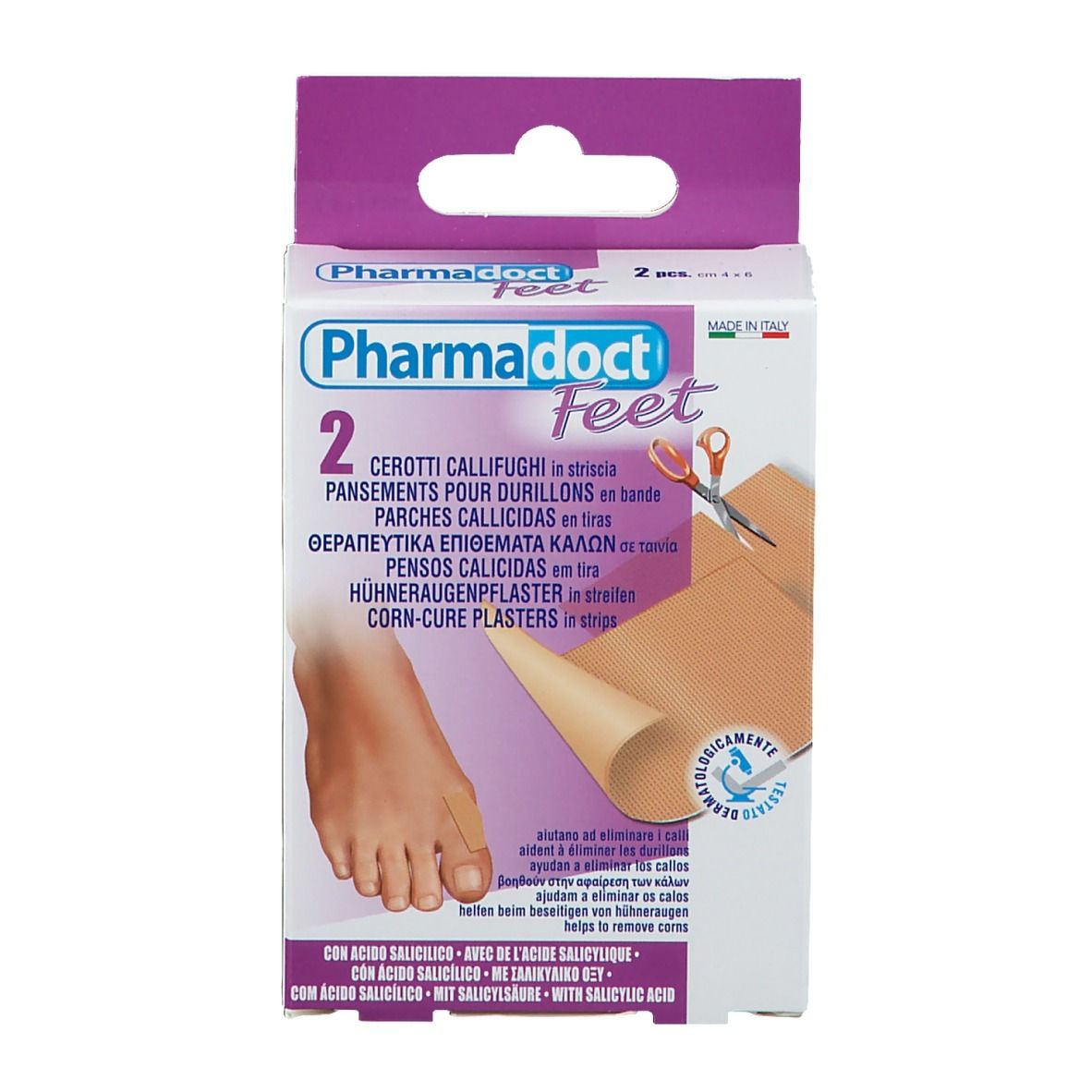 Vista frontale della confezione di cerotti Pharmadoct Feet. 2 pezzi. Con immagine del piede e forbici.