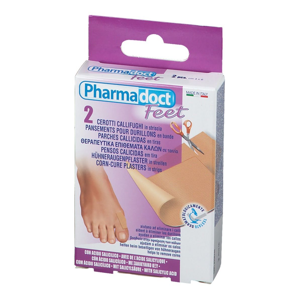 Vista frontale della confezione di cerotti Pharmadoct Feet. 2 pezzi. Con immagine del piede e forbici.