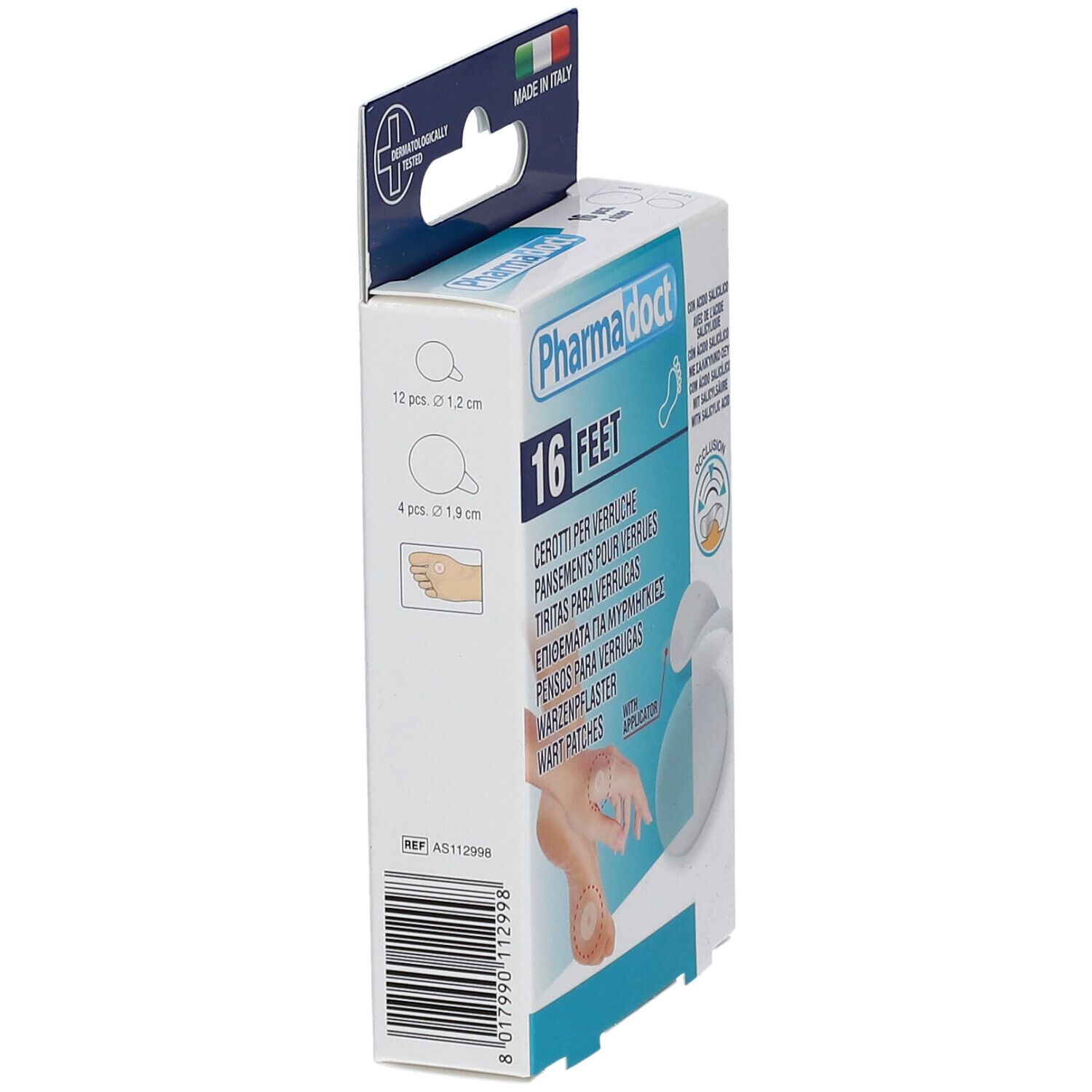 Vista laterale della confezione di cerotti Pharmadoct per verruche. 16 piedi. Con indicazioni di dimensioni.