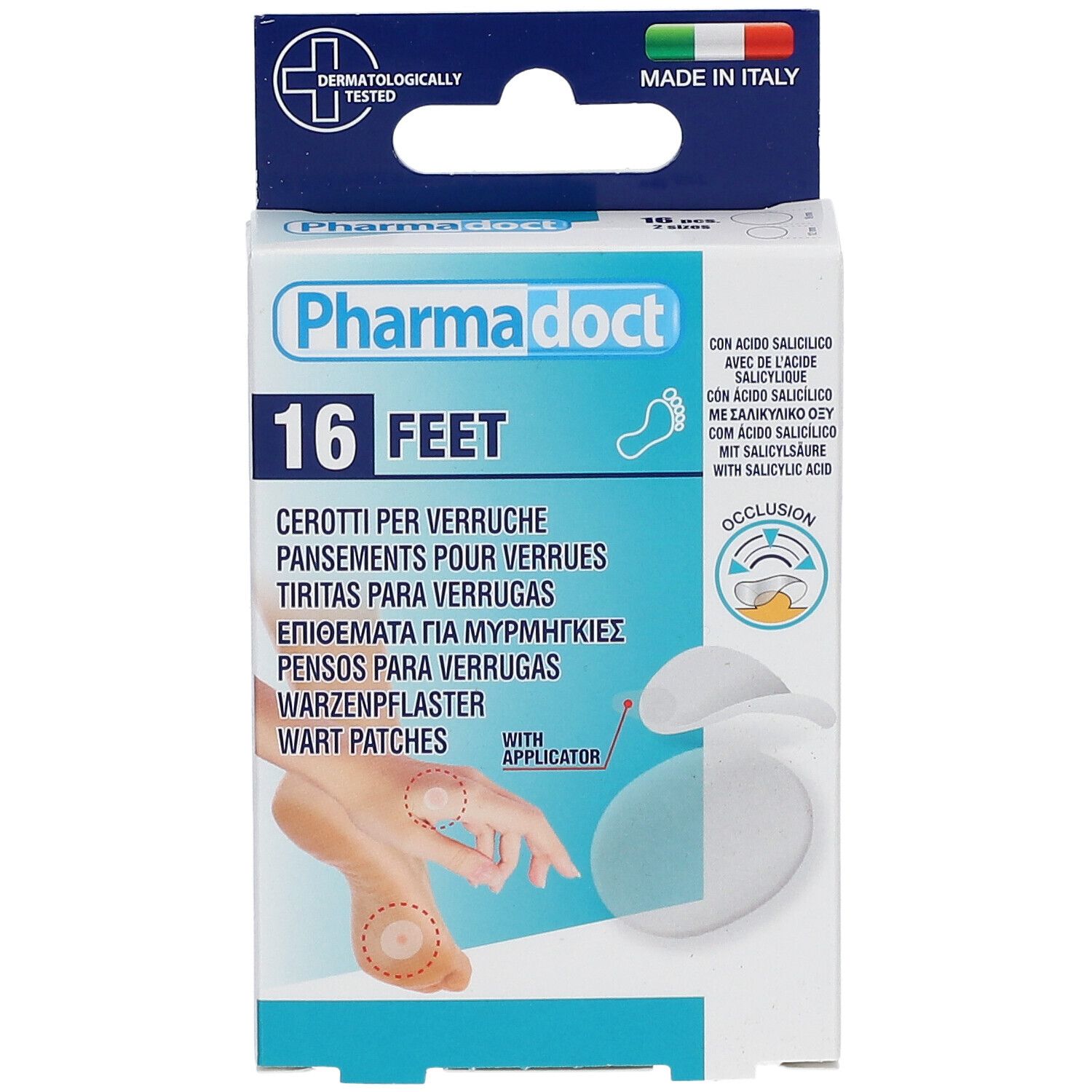 Vista frontale della confezione di cerotti Pharmadoct per verruche. 16 piedi. Con applicatore. Made in Italy.
