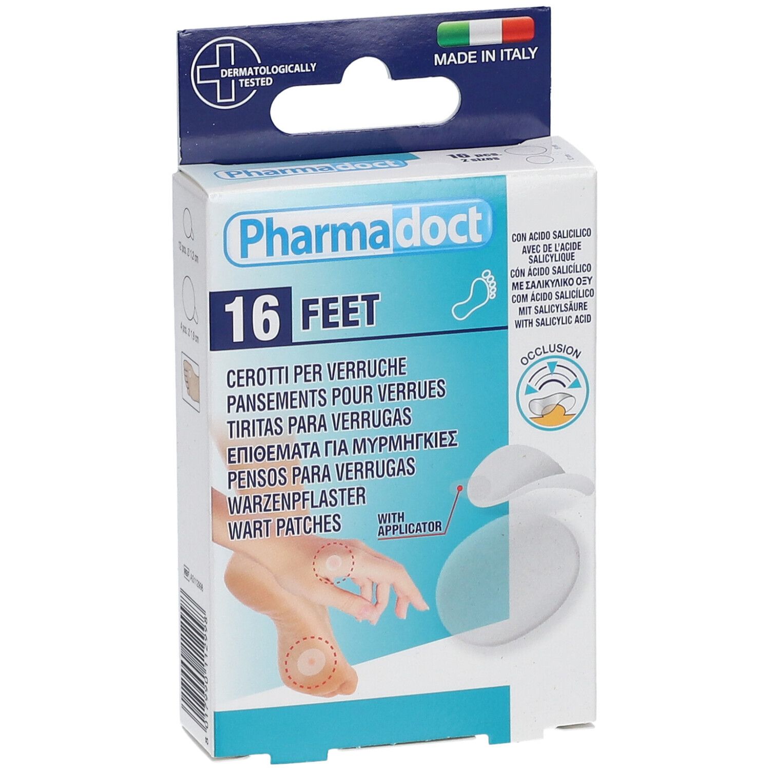 Vista frontale della confezione di cerotti Pharmadoct per verruche. 16 piedi. Con applicatore. Made in Italy.