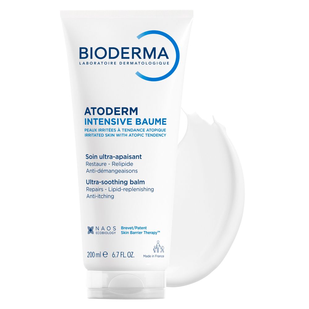 Retro del tubo BIODERMA Atoderm Baume Intensivo. Testo, codice QR.