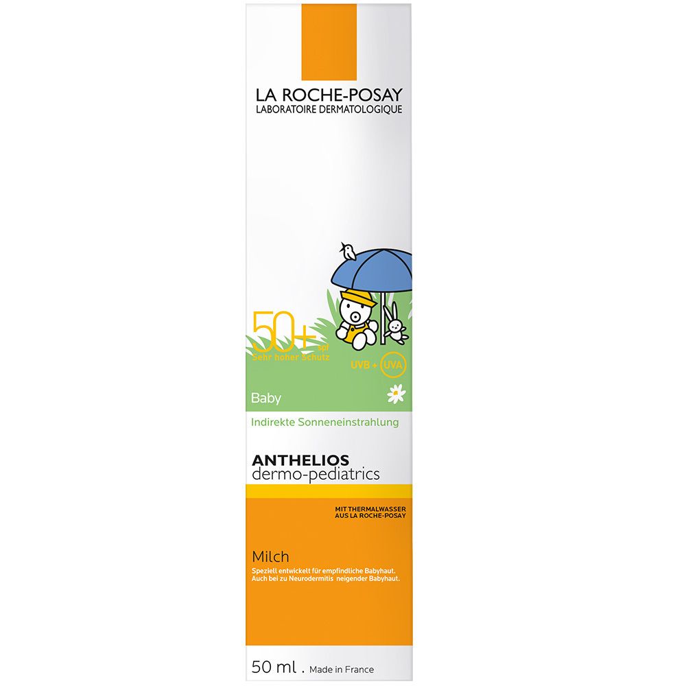 La Roche-Posay Anthelios Dermo-Pediatrics Baby Latte SPF 50+. Flacone bianco e arancione. Illustrazioni.