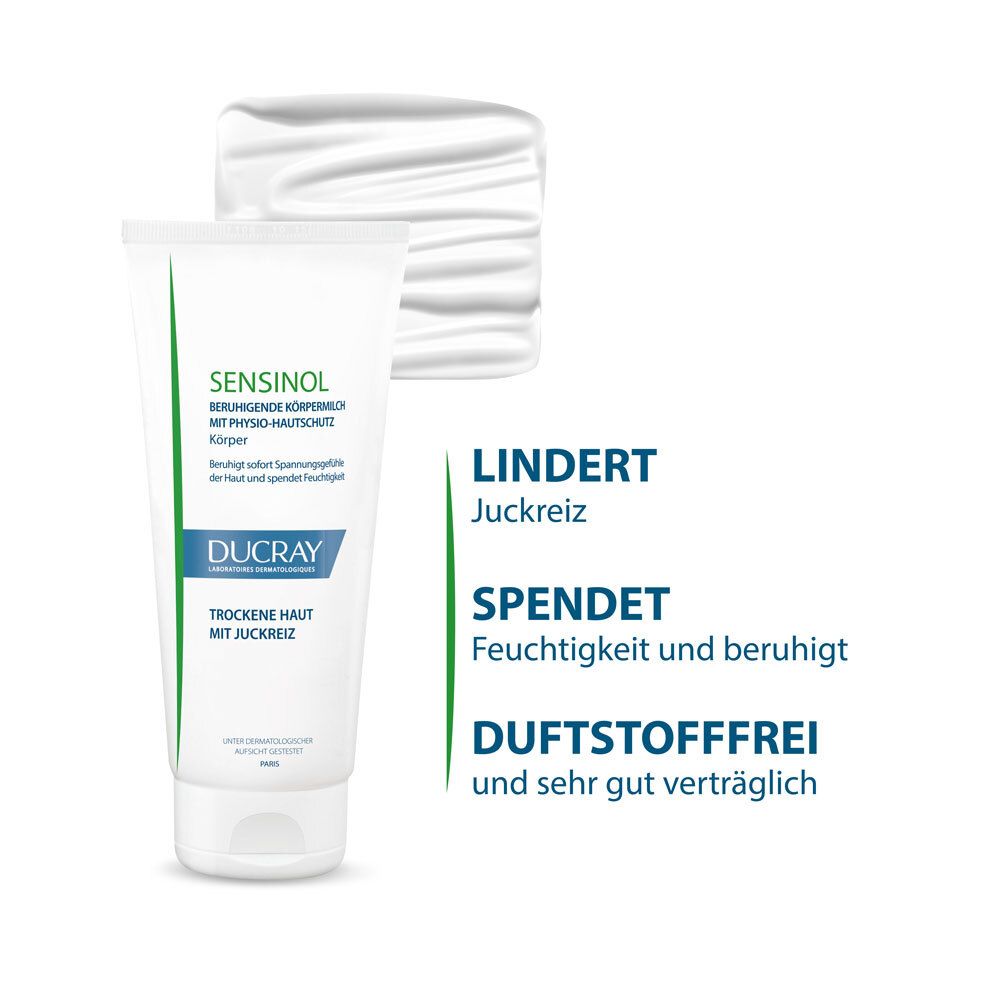 Tubo con crema accanto. Testo: Allevia il prurito, idrata, senza profumo. Marchio: DUCRAY.